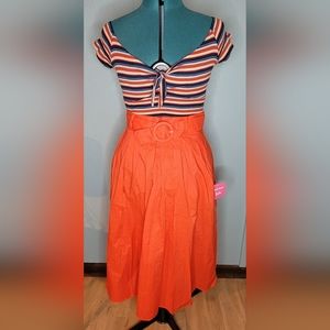 Orange vintage inspired ModclothXBarbie cotton Skirt with belt